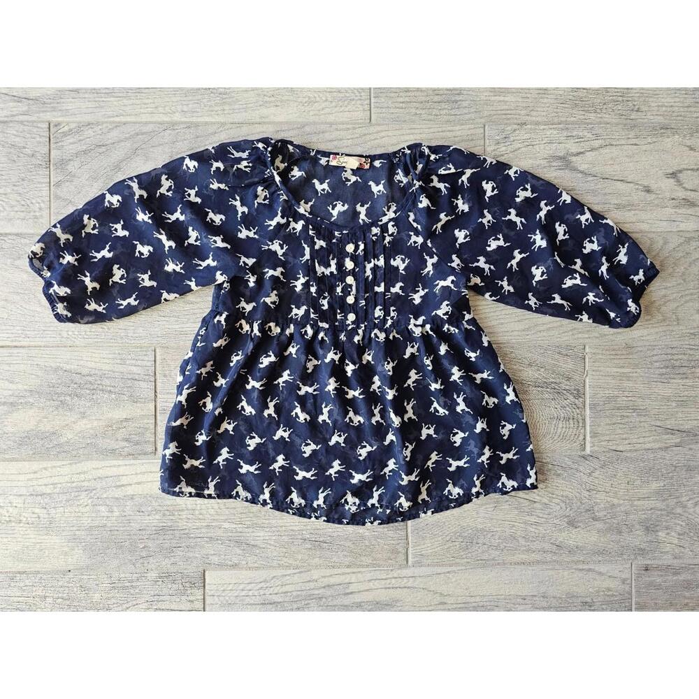 Girl's Speechless Sheer Blouse Horse Design Size Medium Dark Blue 3/4 Sleeves